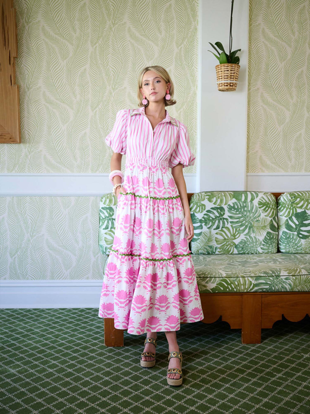 Banyan Puff Sleeve Dress - Pink Magnolia & Ticking Stripe Banyan Puff Sleeve Dress - Pink Magnolia & Ticking Stripe