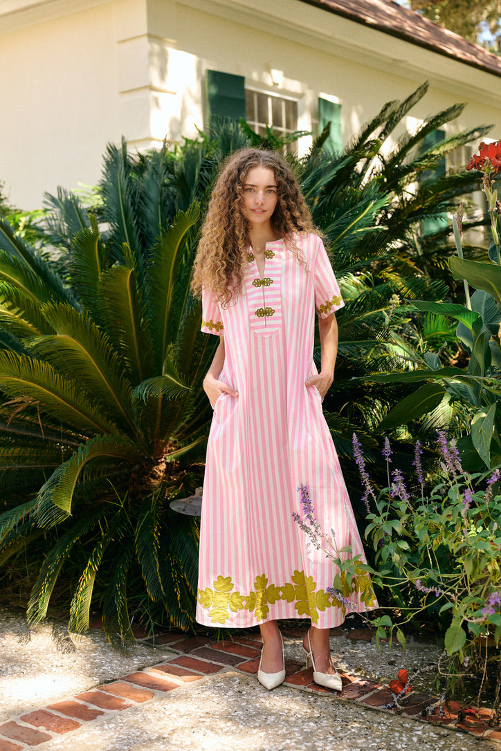 Brooks Avenue Women's Short Sleeve Maxi Kaftan - Pink Stripe