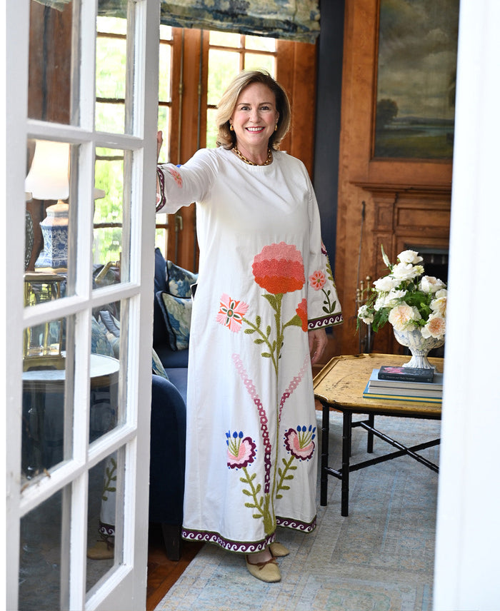 Kristy McCormally in our Floral Embroidered Kaftan