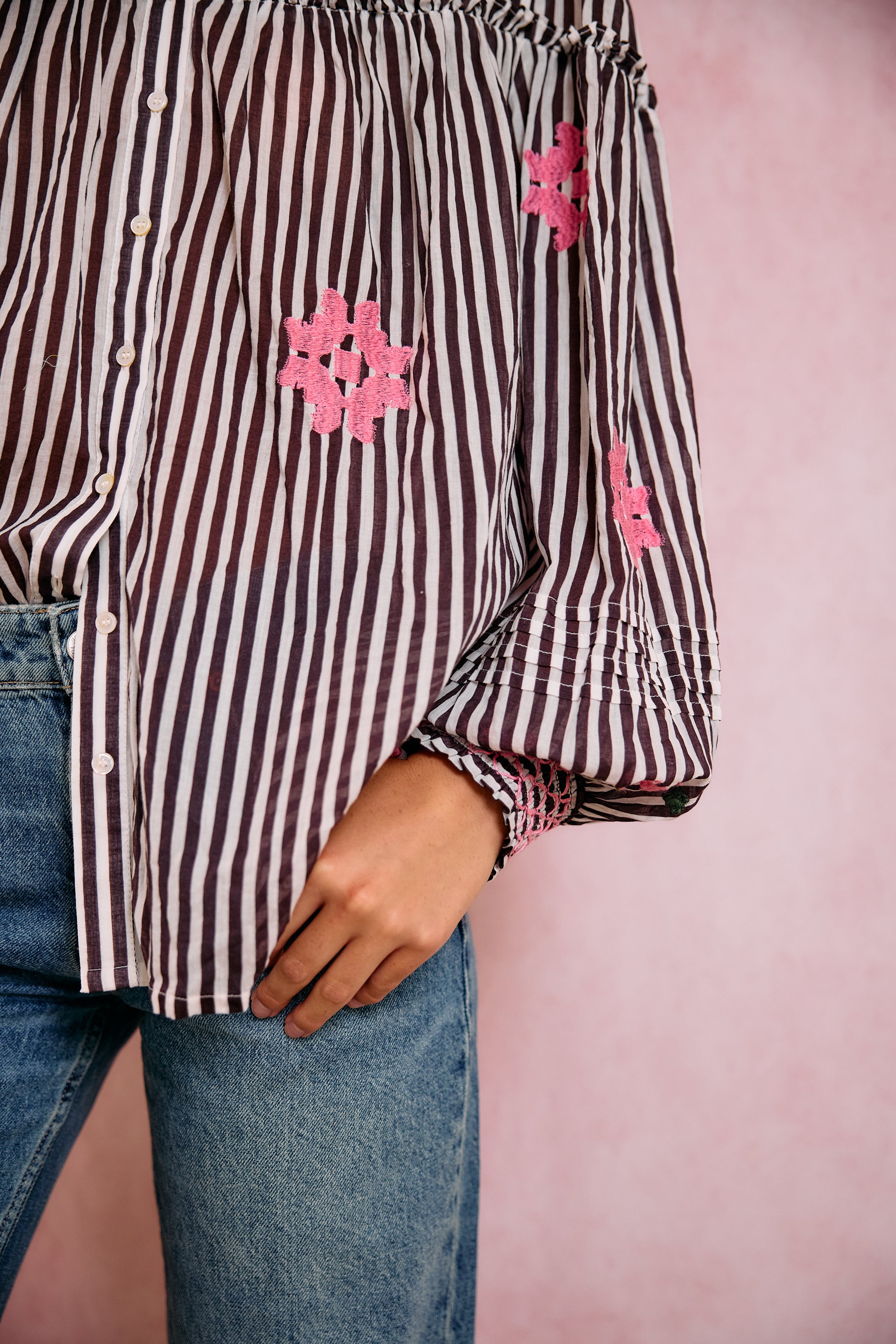 Frankie Blouse - Brown Stripe with Pink Embroidery