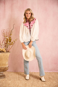 Western Blouse - Embroidered Wildflower Pink