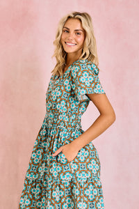 Poppy Deep V Dress - Quatrefoil Brown