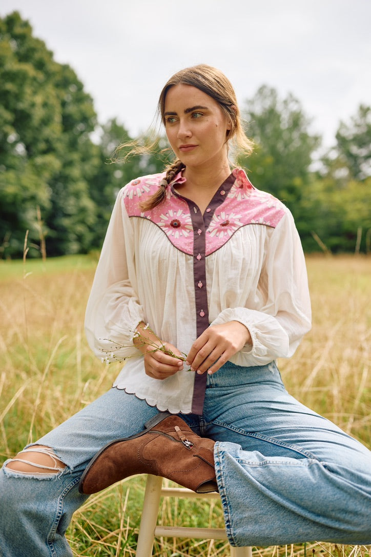 Western Blouse - Embroidered Wildflower Pink