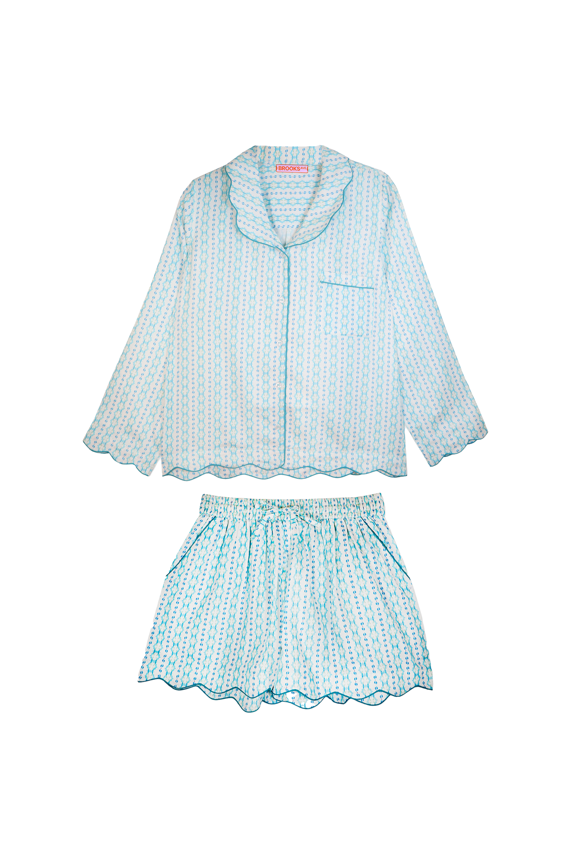 Scalloped Pajama Set Shorts & Long Top - Blue Moss