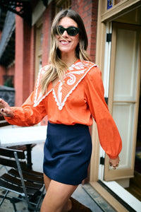 PRE-ORDER Emma Deep V Quilted Collar Blouse - Coral