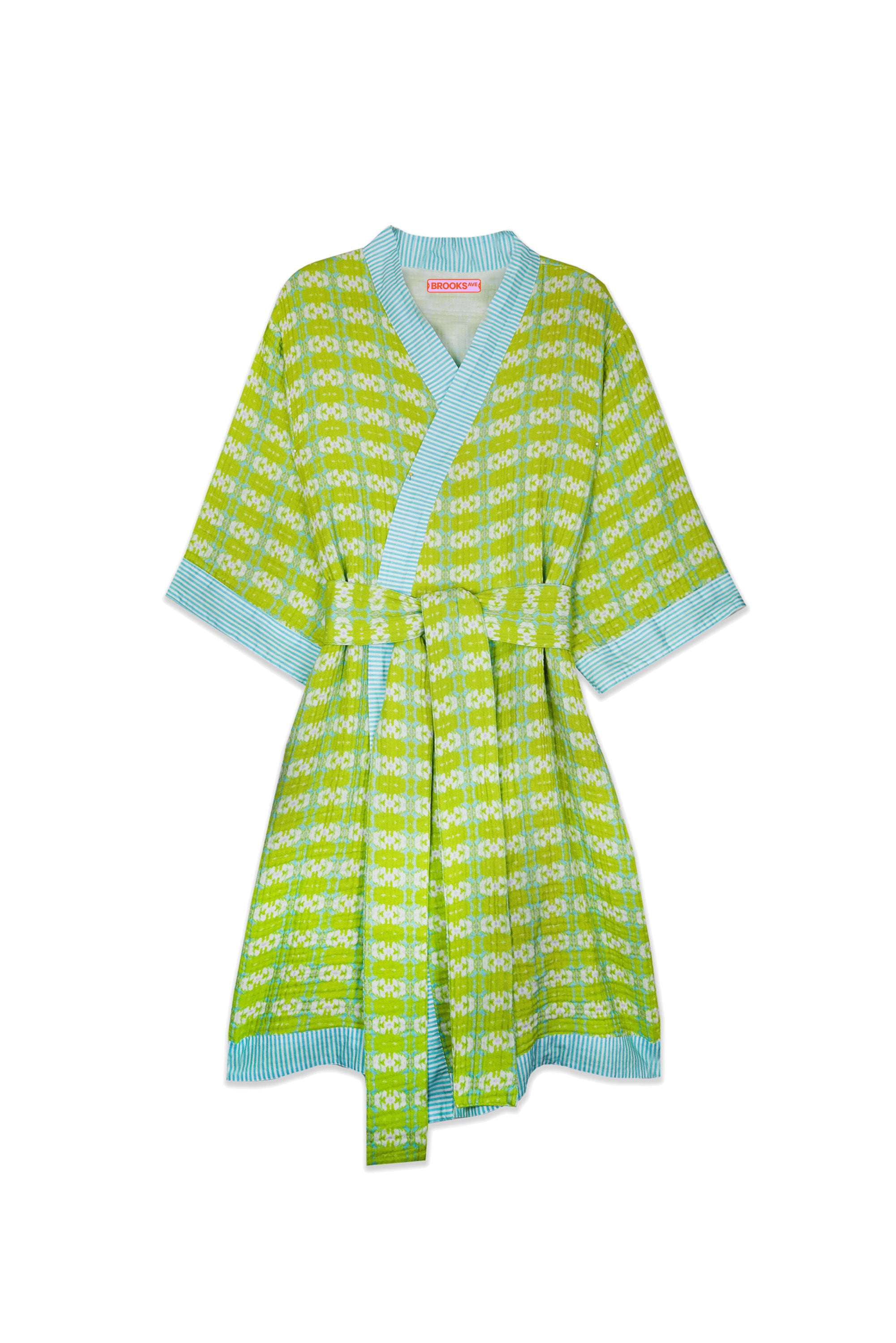Block Stripe Hooded Bath Robe in Green Tekla Fabrics