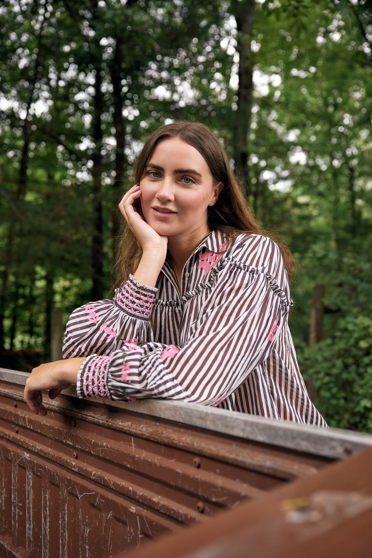 Frankie Blouse - Brown Stripe with Pink Embroidery