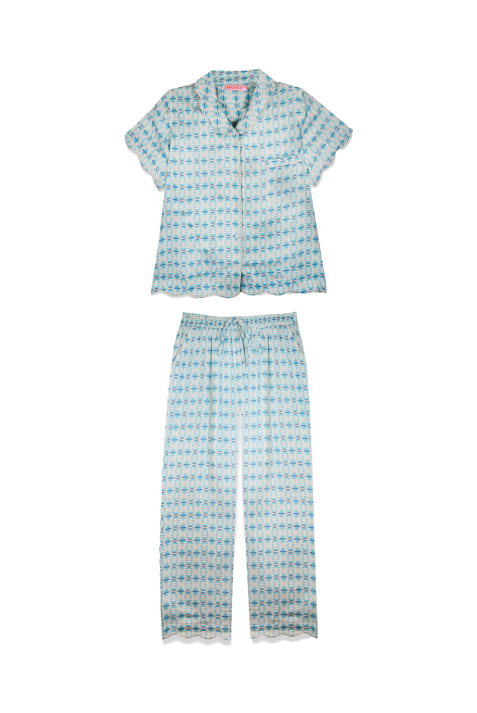 Scalloped Pajama Set Long Pant & Short Top - Cameron Blue