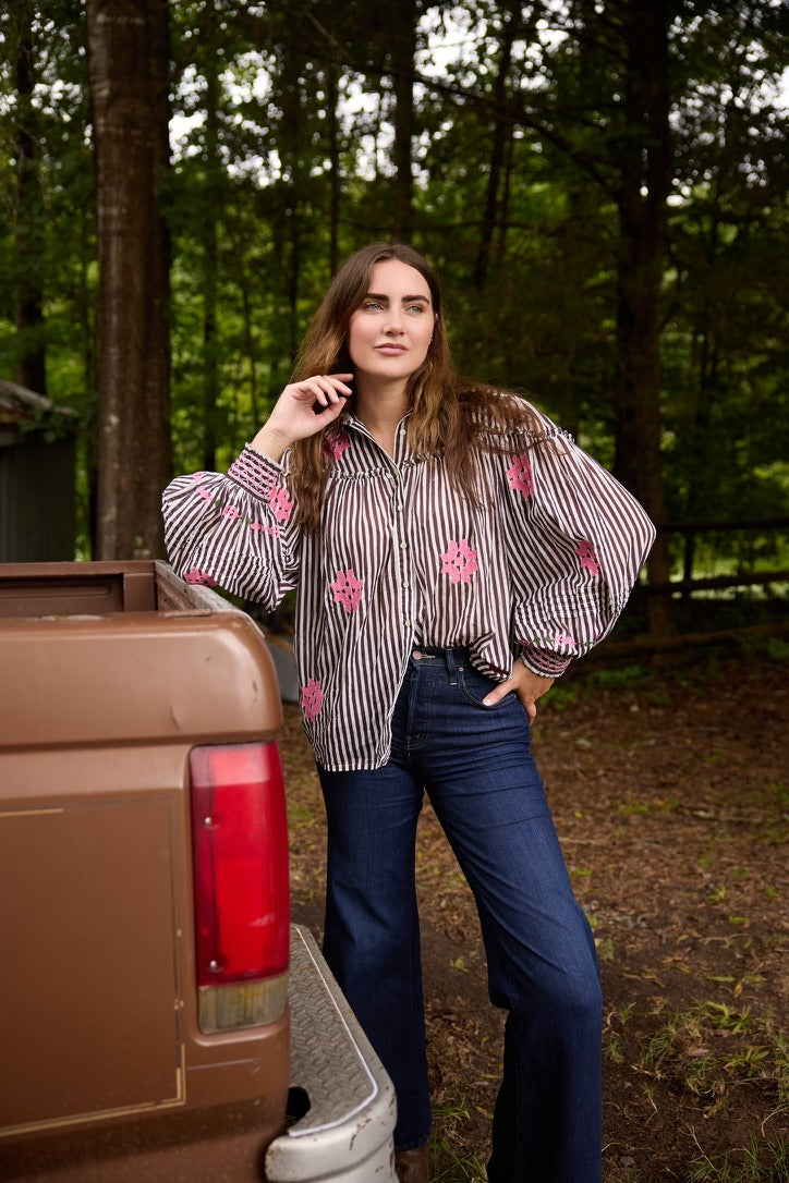 Frankie Blouse - Brown Stripe with Pink Embroidery