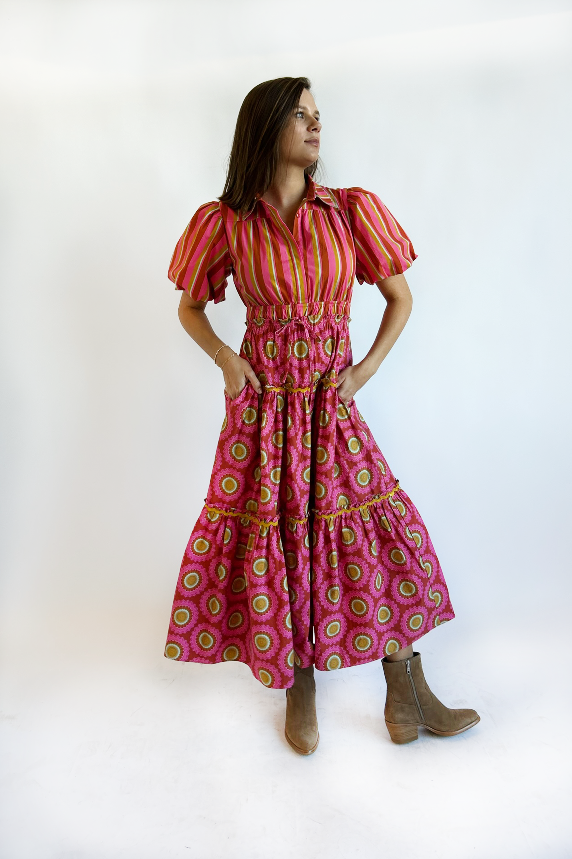 Banyan Street Puff Sleeve Dress - Sunflower Pink & Stripe