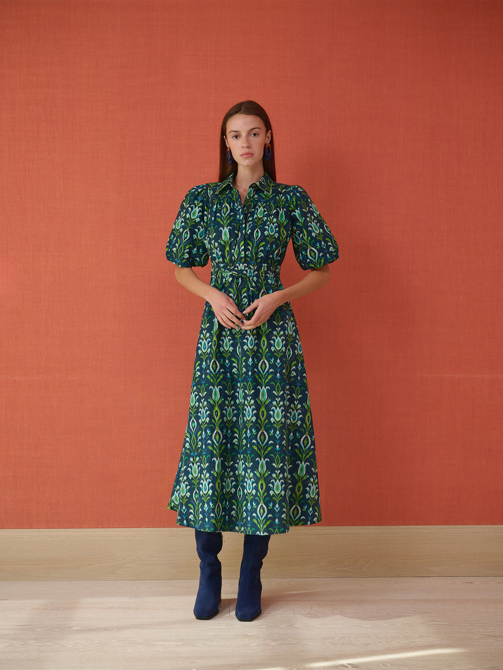 Brooks Avenue Banyan Puff Sleeve Midi Dress - Peacock Navy
